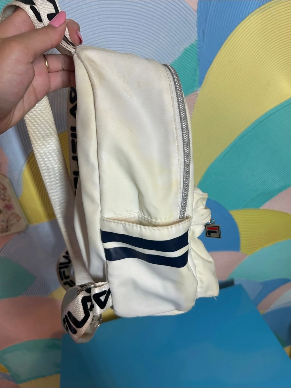 Fila Mini White Backpack with Navy and Red Logo Accents